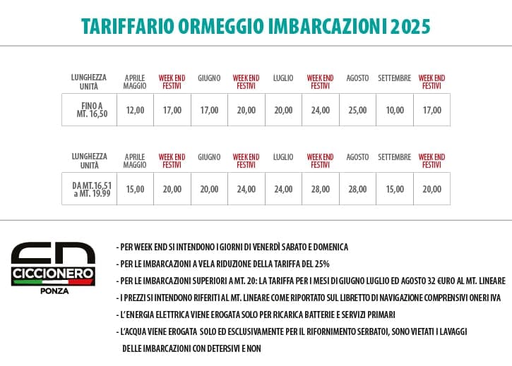Tariffario Ormeggio Imbarcazioni Ponza